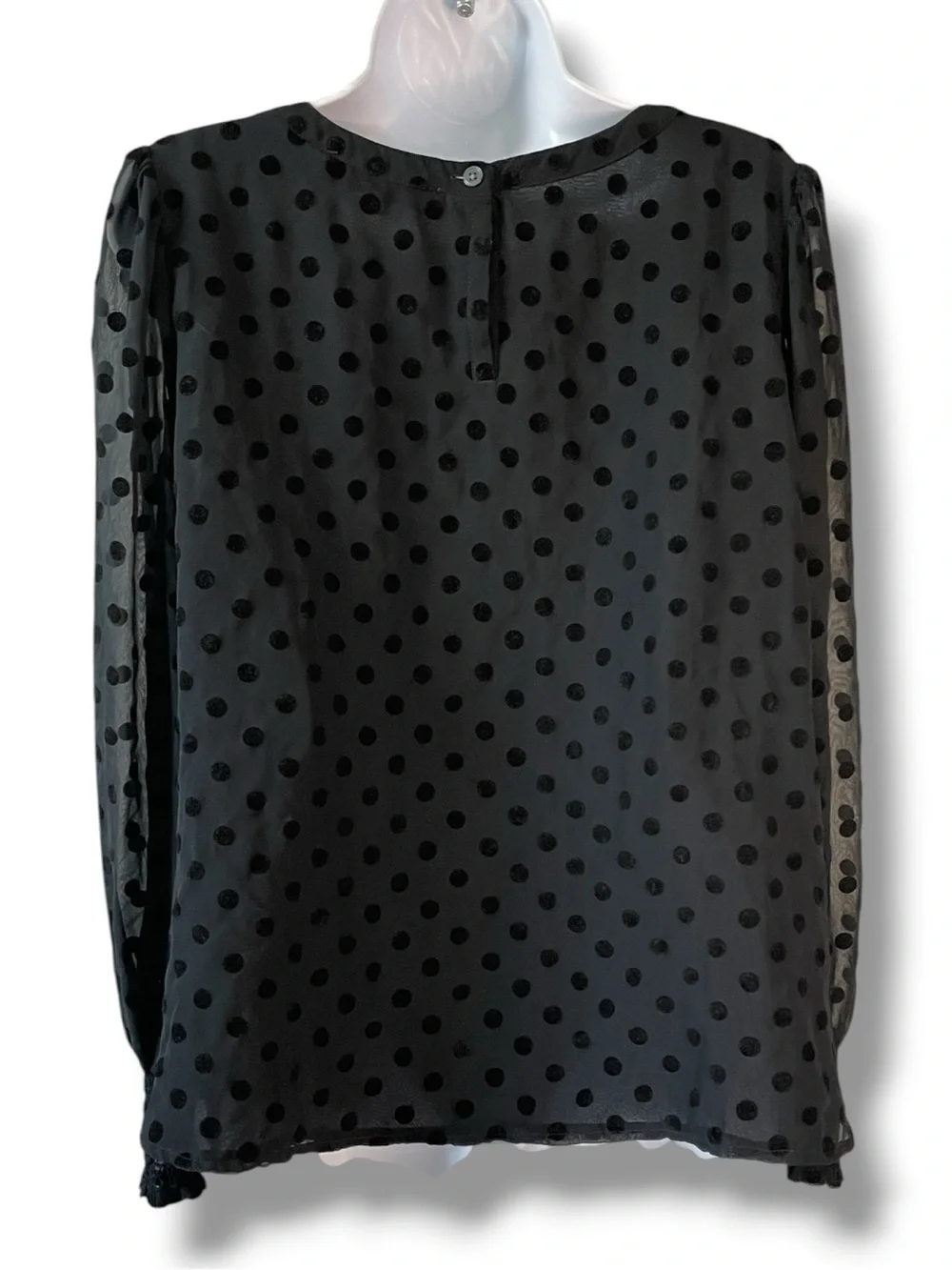 LOFT Black Sheer Velvet Polka Dot Blouse Puff Sleeve Smocked Cuff Romantic
